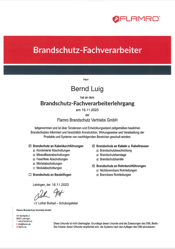 Flamro Brandschutzschulungszertifikat